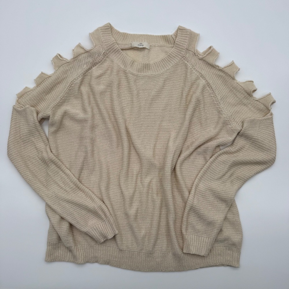 Entro Beige Cream Cold Shoulder Cutout Ladder Knit Sweater Womens Medium